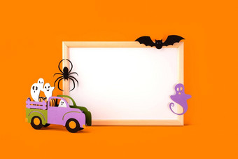 万圣节假期概念万圣节手工制作的纸装饰蜘蛛鬼魂车蝙蝠空白框架橙色背景万圣节节日聚会，派对问候卡模型复制空间