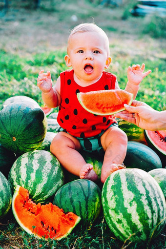 快乐婴儿男孩有趣的服装坐着吃片西瓜场花园快乐婴儿孩子微笑孩子吃水果在户外