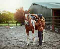 一天好一天骑十几岁的女孩准备骑小马农场