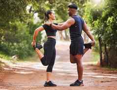 年轻的适合夫妇锻炼在户外成键伸展运动准备有氧运动锻炼运动女朋友的男朋友充满深情的培训住健康的