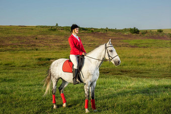 年轻的女人骑手穿红色的大礼服白色马裤马晚上日落光