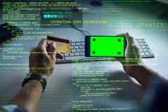 黑客信贷卡电话绿色屏幕色度标记复制空间sci图形数据赛博朋克信息技术软件黑客男人。偷在线网络钓鱼恶意软件
