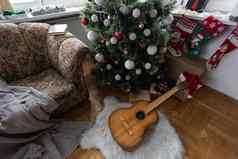 礼物礼物圣诞节树圣诞节树圣诞节装饰圣诞节灯吉他背景