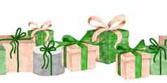 手画水彩无缝的水平边境绿色米色灰色的圣诞节吉克斯盒子冬天生日礼物优雅的装饰购物丝带弓装饰假期