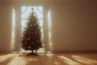 装饰圣诞节树前面高窗口内部国内房间神经网络生成的艺术
