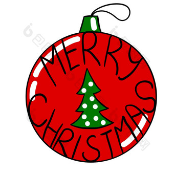手画插图红色的<strong>圣诞节</strong>点缀明亮的一年冬天挂球12月装饰树聚会，派对假期庆祝活动孤立的贴纸