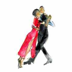 水彩插图夫妇男人。女人跳舞探戈