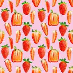 草莓无缝的模式成熟的草莓孤立的粉红色的包设计背景