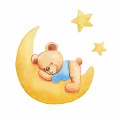 水彩手画插图泰迪熊男孩蓝色的t恤睡觉月亮动物字符孤立的白色背景