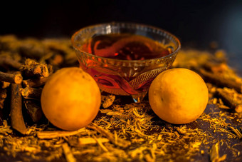 阿育吠陀皮肤美白脸面具棕色（的）彩色的表面温暖的颜色组成甘草柠檬汁蜂蜜拍摄穆勒提蜂蜜柠檬表面