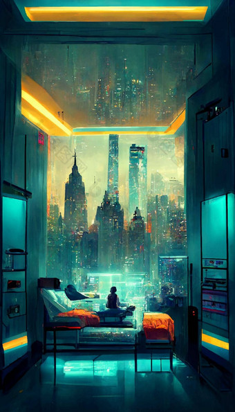 未来主义的房间赛博朋克反乌托邦的纽约插图