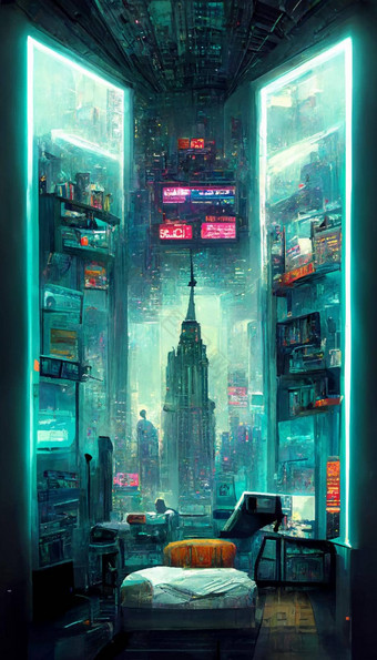 未来主义的房间赛博朋克反乌托邦的纽约插图