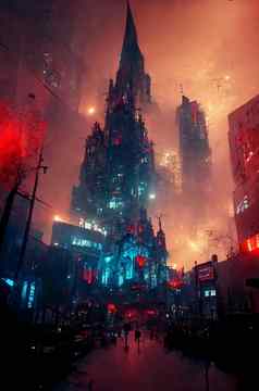 城市反乌托邦的大都市插图红色的霓虹灯灯