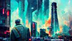 宇宙飞船未来主义的城市霓虹灯ligths分形体系结构插图