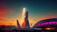 宇宙飞船未来主义的城市霓虹灯ligths分形体系结构插图