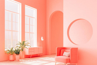 室内概念孟菲斯设计色彩斑斓的扶手椅控制台植物渲染