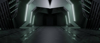 未来主义的数字设计宇宙飞船室内金属地板上光面板木炭横幅背景产品显示渲染