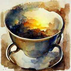 水彩画陶瓷杯热咖啡牛奶卡布奇诺咖啡