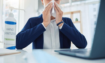 生病的业务女人科维德病毒过敏吹运行鼻子打喷嚏组织办公室企业家企业工人健康疾病打喷嚏流感员工冷