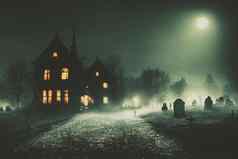 插图万圣节概念背景现实的恐怖房子令人毛骨悚然的街月光