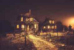 插图万圣节概念背景现实的恐怖房子令人毛骨悚然的街月光