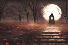 渲染墓地墓地令人毛骨悚然的黑暗晚上万圣节概念