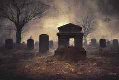 渲染墓地墓地令人毛骨悚然的黑暗晚上万圣节概念