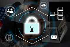 个人数据保护行为pdpa概念商人电话指纹扫描概念盾锁图标屏幕未来主义的保护隐私盗窃