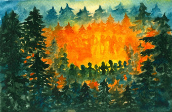 大火焰晚上森林旅游节日自然晚上彩虹家庭聚集圆