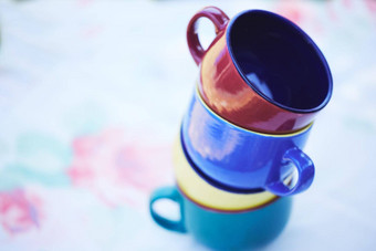 集团杯咖啡茶野餐早餐食物喝餐饮事件堆栈色彩斑斓的陶瓷厨房杯子有创意的公园餐厅Zen花园表格花植物设计