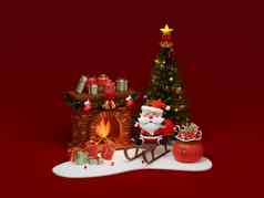 圣诞老人老人雪橇前面壁炉装饰圣诞节树礼物盒子