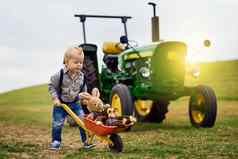 日益增长的绿色可爱的男孩推玩具独轮手推车填满塞动物农场