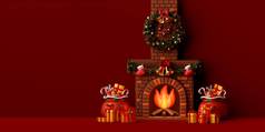 圣诞节壁炉圣诞节礼物红色的背景插图