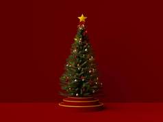 圣诞节树讲台上红色的背景插图