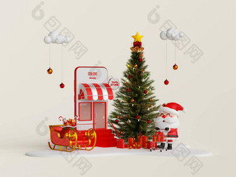 圣诞节购物在线移动概念圣诞老人老人推购物车礼物盒子前面移动商店插图