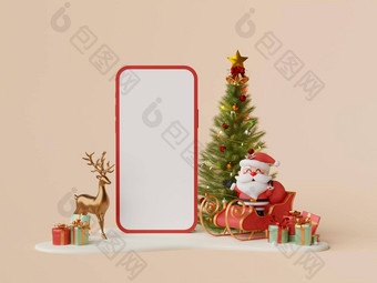 圣诞节购物在线移动概念空白屏幕移动圣诞老人老人圣诞节树装饰雪地面插图