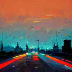 晚上城市插图霓虹灯发光生动的颜色