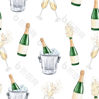 水彩香槟玻璃瓶无缝的模式白色