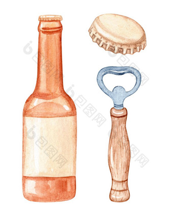水彩棕色（的）啤酒瓶开瓶器集孤立的白色