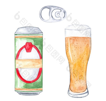 <strong>水彩</strong>啤酒玻璃集孤立的白色