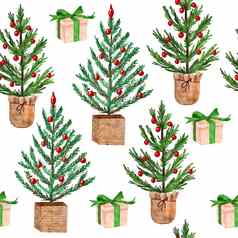 手画水彩无缝的模式圣诞节树一年假期12月问候装饰北欧斯堪的那维亚传统的包装纸打印绿色松针叶树云杉森林