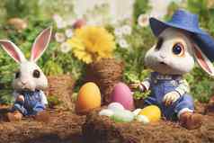 渲染可爱的兔子农民穿着工作服花园完整的蔬菜复活节鸡蛋