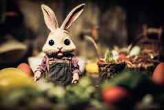 渲染可爱的兔子农民穿着工作服花园完整的蔬菜复活节鸡蛋