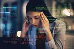 压力头疼程序员抑郁症网络安全攻击病毒故障焦虑累了伤心业务女人工人物联网大数据黑客攻击黑客工作