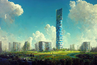 壮观的数字艺术插图生态未来主义的<strong>城市</strong>丰富的树
