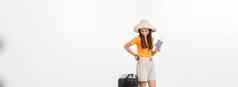 完整的长度有吸引力的年轻的女旅行者休闲旅行袋孤立的白色背景