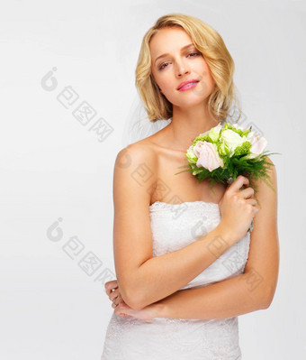 婚姻婚礼女人新娘工作室花束白色背景肖像脸年轻的<strong>模型</strong>玫瑰花美化妆婚礼衣服时尚设计<strong>模型</strong>