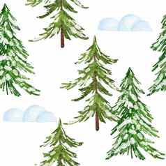 手画水彩无缝的模式圣诞节树一年假期12月问候装饰北欧斯堪的那维亚传统的包装纸打印绿色松针叶树云杉森林