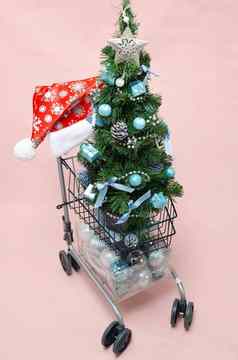 圣诞节迷你树蓝色的球购物车一年购物