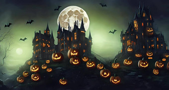 疯狂的万圣节城堡墓地场景令人难忘的噩梦hallowen背景数字艺术绘画书插图背景壁纸概念艺术